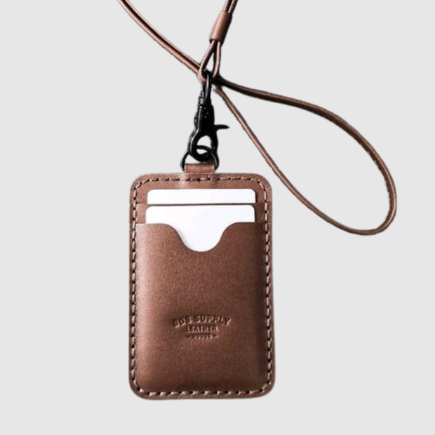 BDS Brooks Braunes handgefertigtes Leder-Lanyard mit Ausweishalter – Dreifachfach