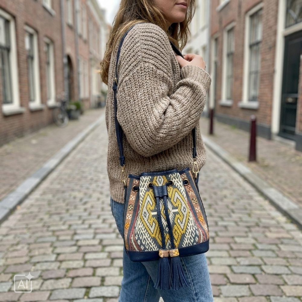Songket mini bucket bag, styled scene · KI-generierte Szene