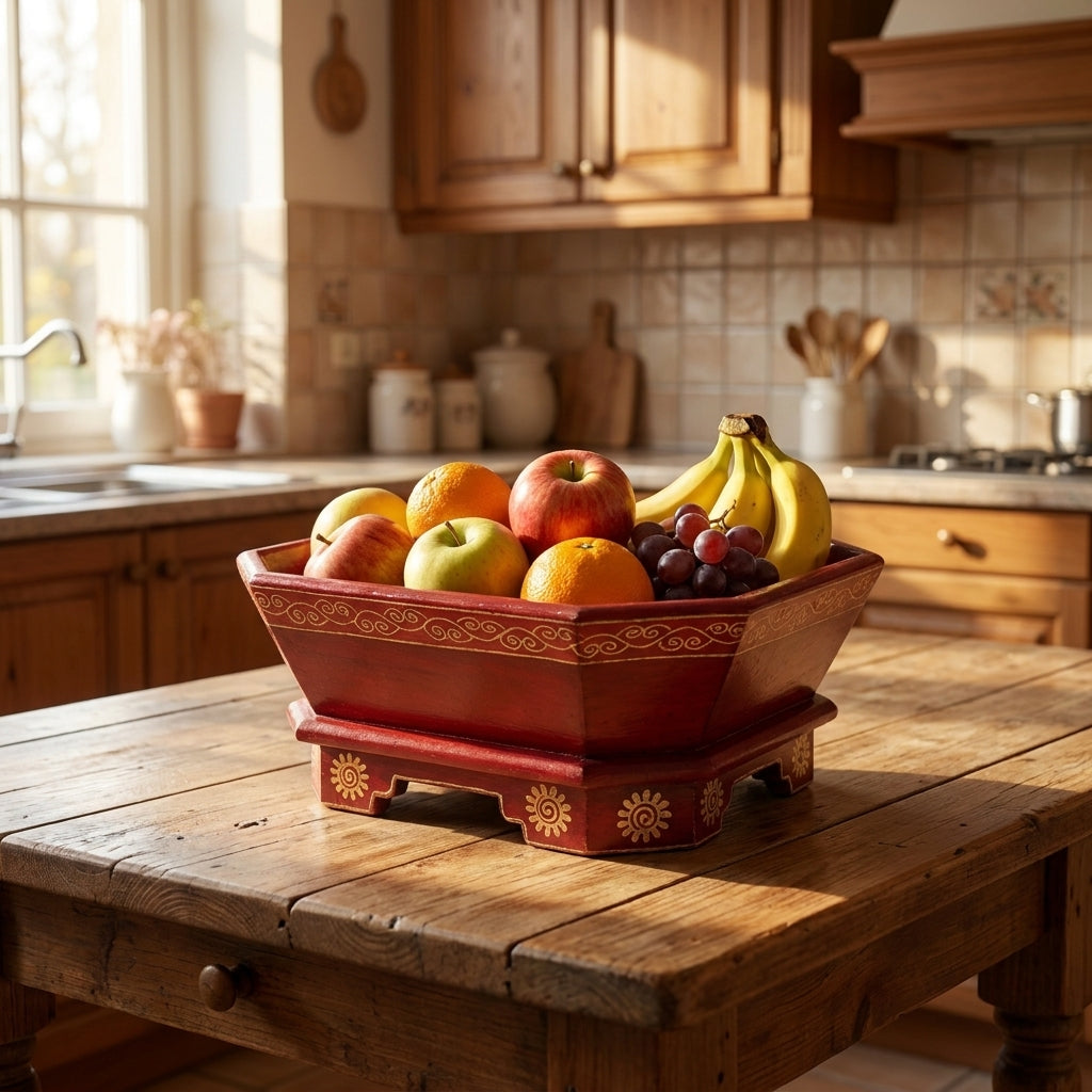 Delapan wooden bowl with fruit on a kitchen table · KI-generierte Szene