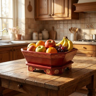 Delapan wooden bowl with fruit on a kitchen table · KI-generierte Szene