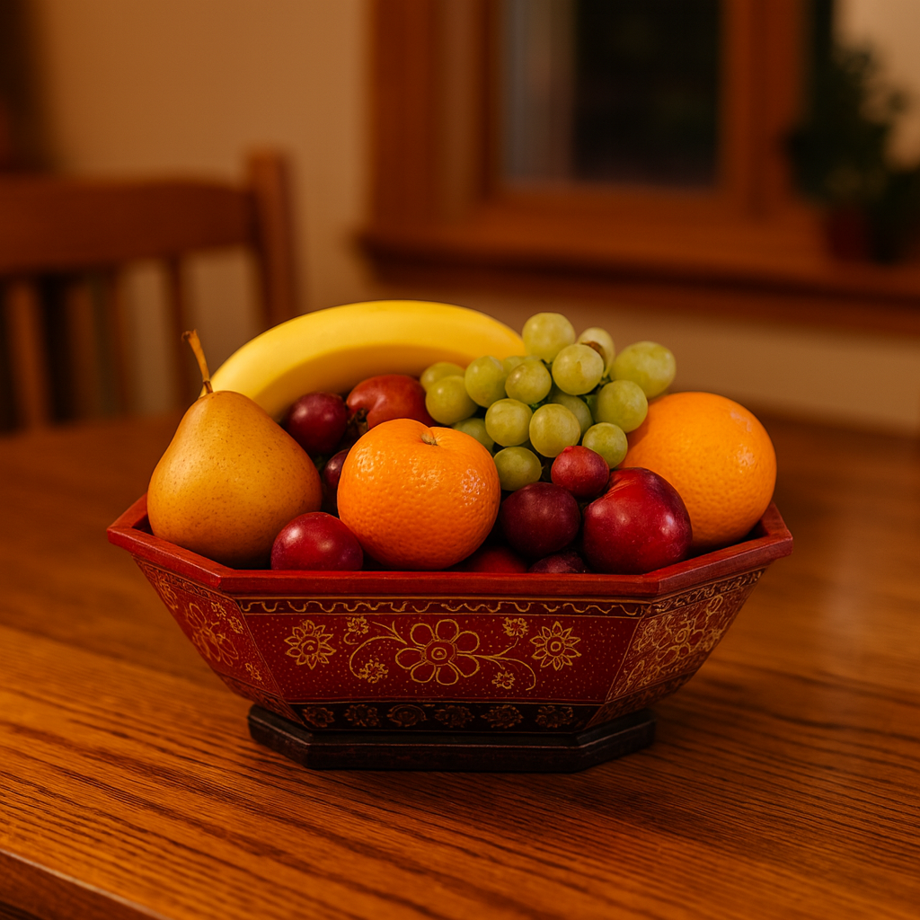 Close-up of the Octagon Fruit Bowl showing painted pattern and natural wood grain