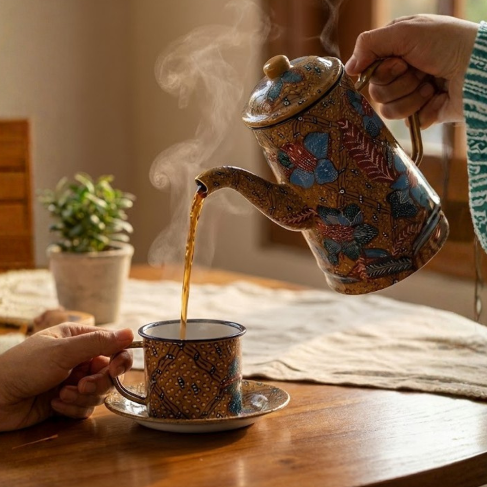 Handbemaltes Batik-Emaille-Teeservice aus Java mit Teekanne, Tassen und Untertassen