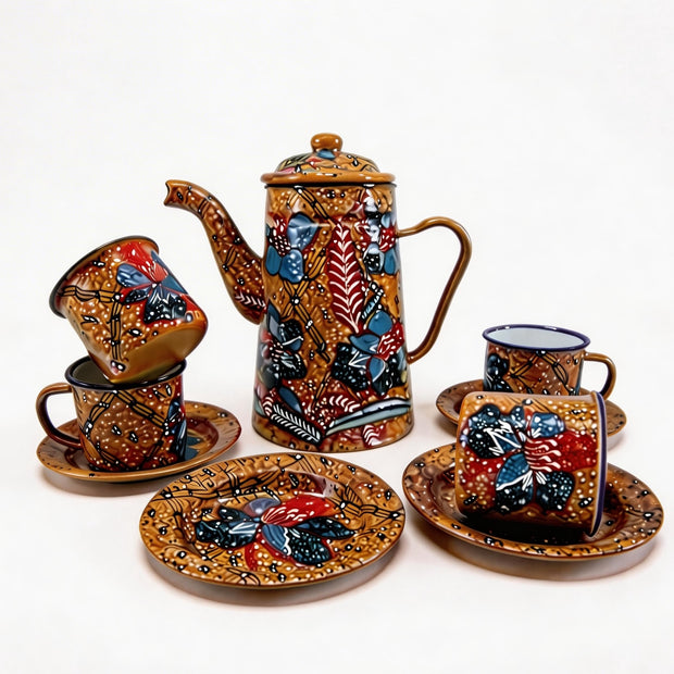 Teeservice Harmonie von Java in Bernsteinbraun – handbemalte Batik-Emaille