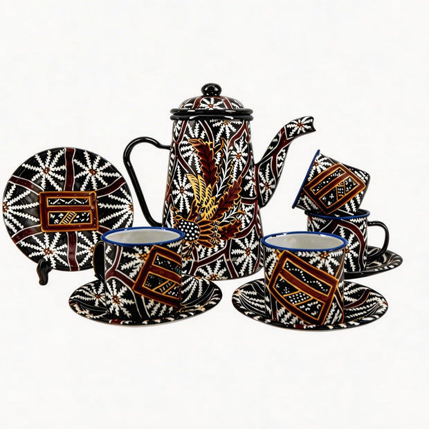 Harmony of Java tea set in Black & White – hand-painted batik enamelware
