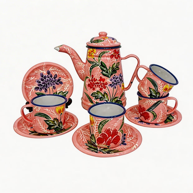 Harmony of Java tea set in Blush Pink – hand-painted batik enamelware