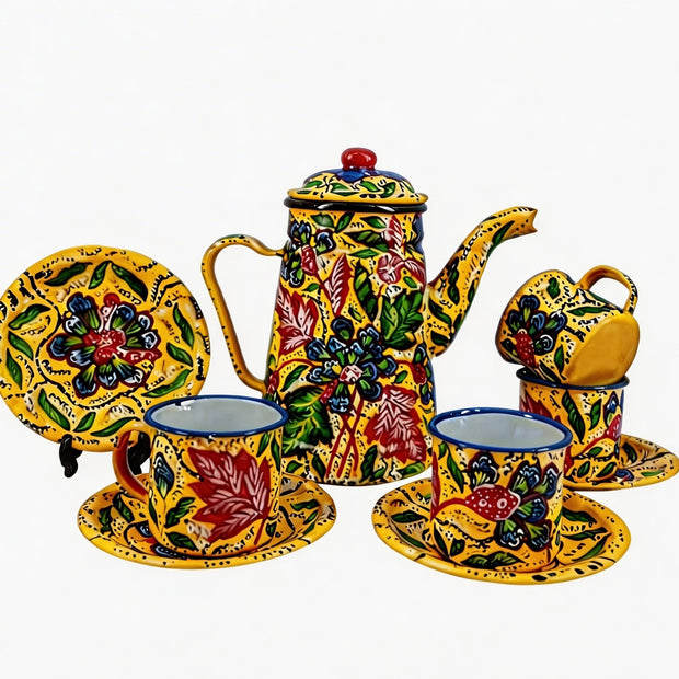 Harmony of Java tea set in Canary Yellow – hand-painted batik enamelware