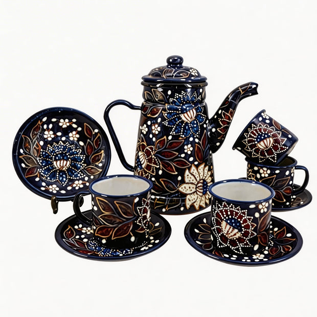 Harmony of Java tea set in Midnight Blue – hand-painted batik enamelware