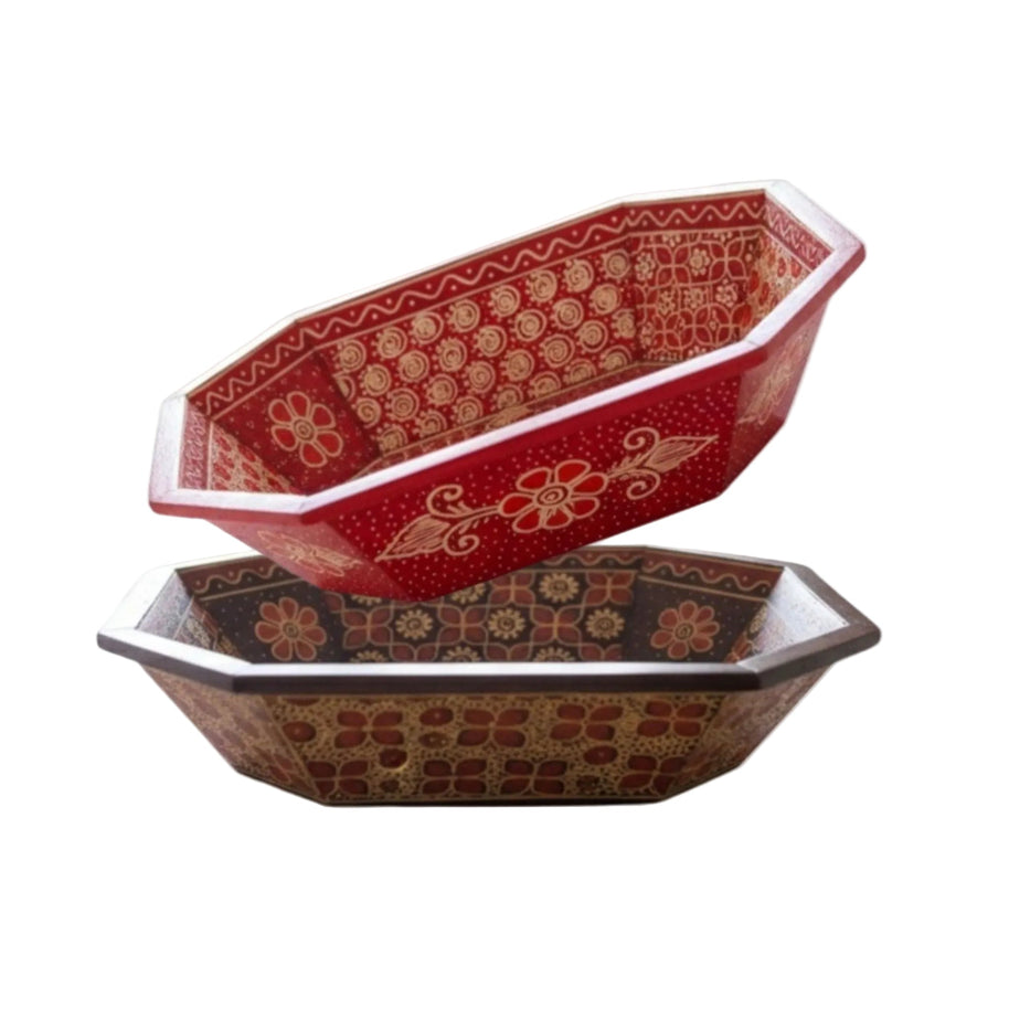 Set of hand-painted octagonal wooden fruit bowls in red and brown finishes
