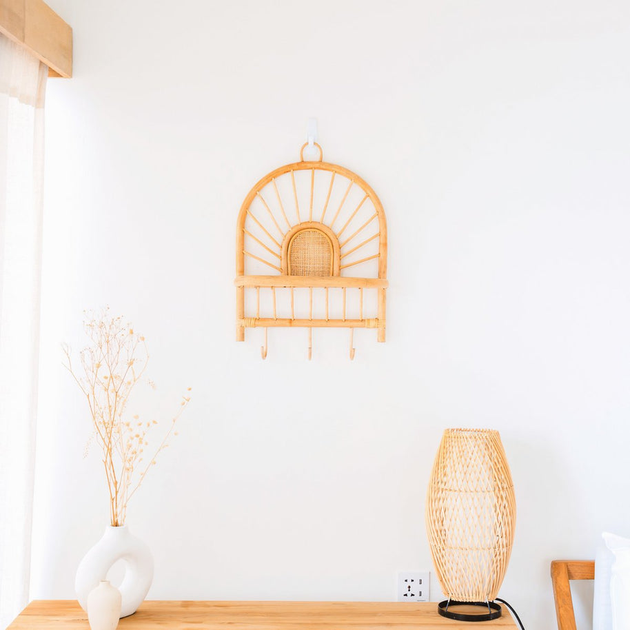 Banten Rattan Wall Shelf — Small Boho Hanging Shelf (41×53 cm)