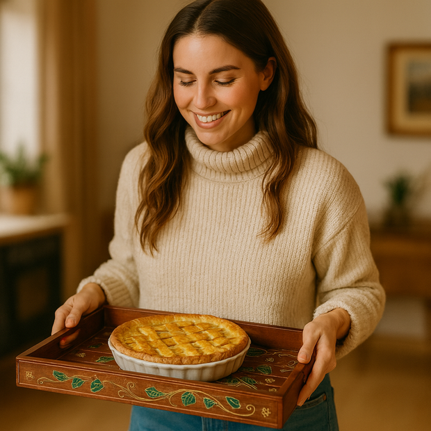 Sela wooden serving tray styled with decorative objects in a modern home
