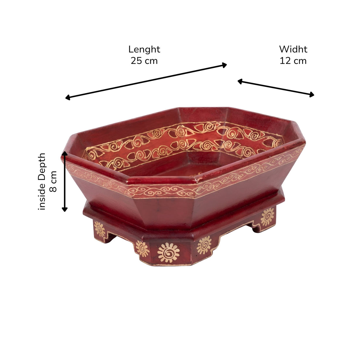 Size guide with dimensions for the Delapan octagonal fruit bowl
