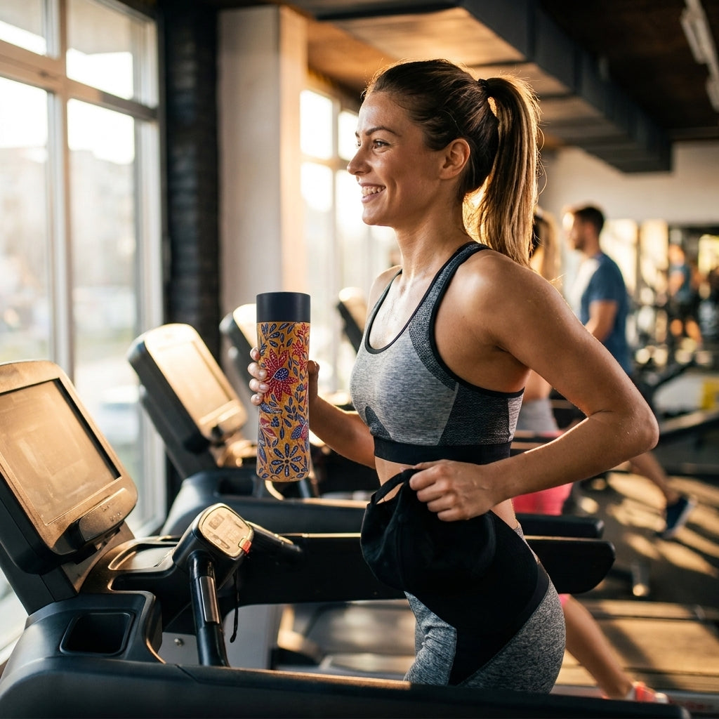 Woman on a treadmill with the Tirta batik water bottle · KI-generierte Szene