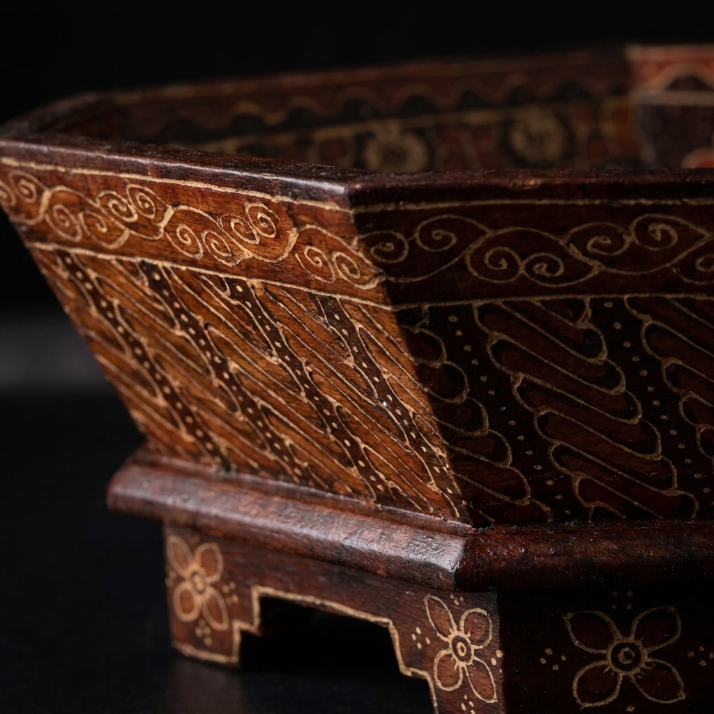 Extreme close-up of the carved surface of the Delapan wooden bowl · KI-generierte Szene