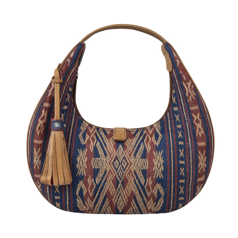 Azzura Bag – handwoven indigo textile and leather bag, front view