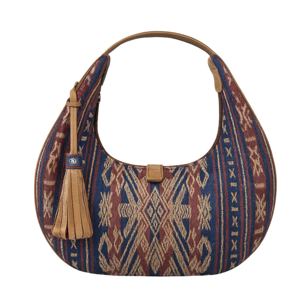 Azzura Bag – handwoven indigo textile and leather bag, front view