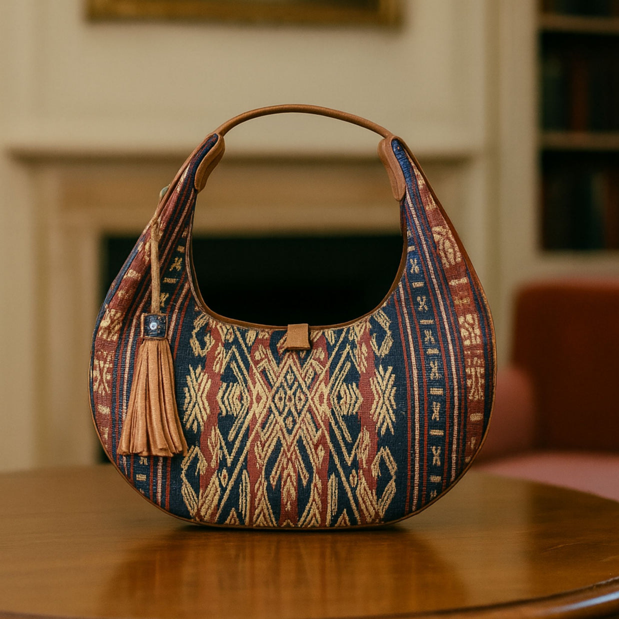 Azzura Bag – handwoven indigo textile and premium leather, styled view · KI-generierte Szene
