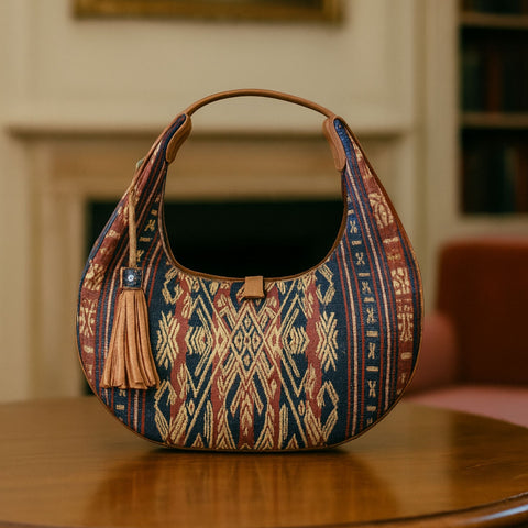 Azzura Bag – handwoven indigo textile and premium leather, styled view