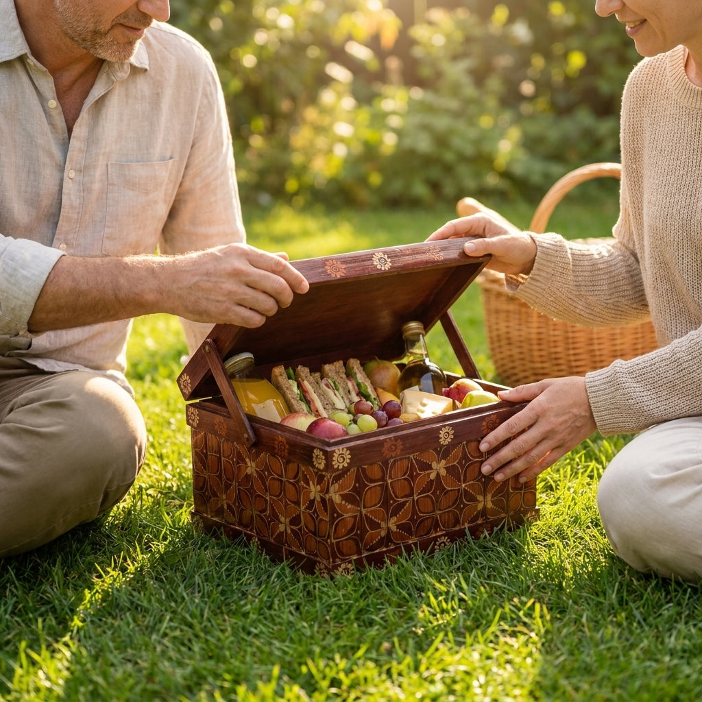 Couple opening a handcrafted Javanese bamboo besek picnic box outdoors