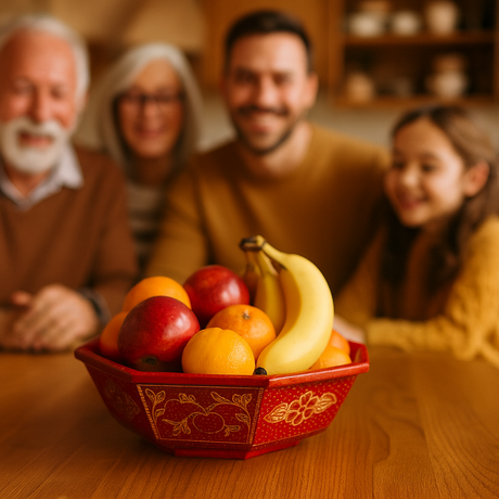 Octagonal wooden fruit bowl styled in a modern home interior