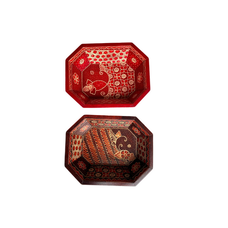 Hand-carved octagonal wooden fruit bowl with hand-painted motifs, made in Central Java, Indonesia