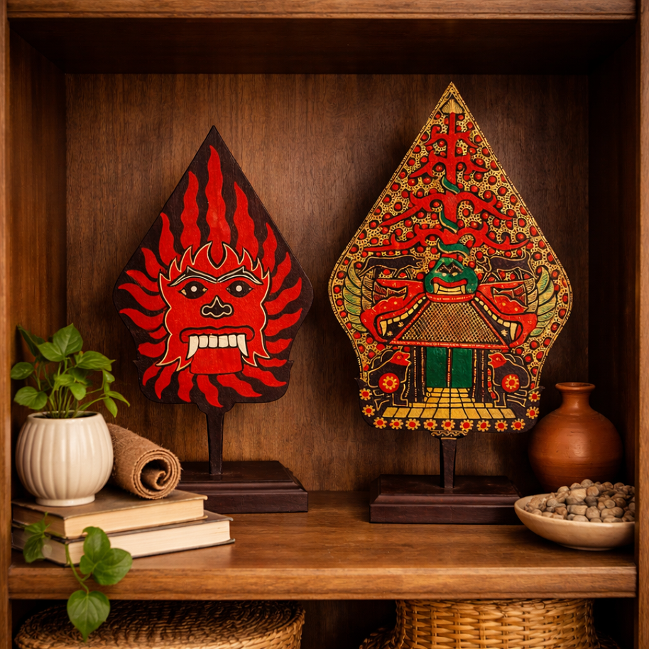 Close-up of natural wood grain and carved motif on Gunungan wall art