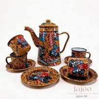 Harmony of Java tea set in Amber Brown – hand-painted batik enamelware