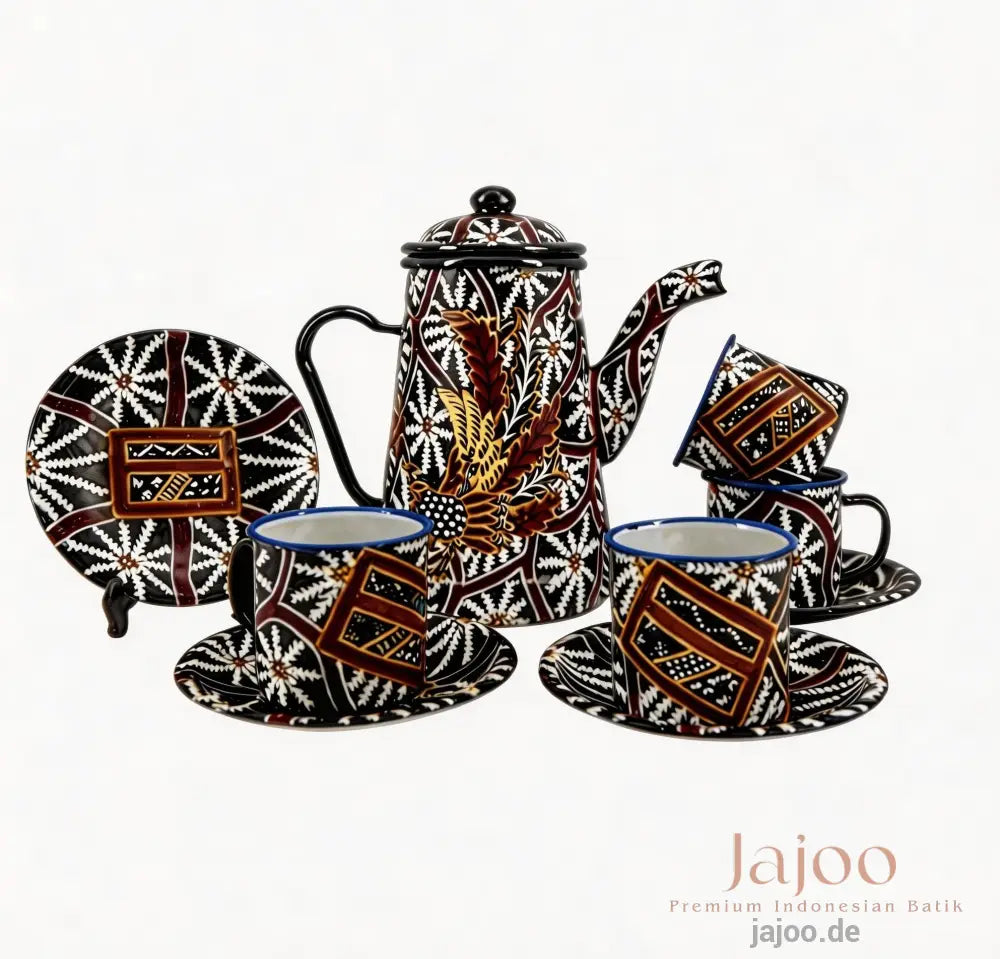Harmony of Java tea set in Black & White – hand-painted batik enamelware