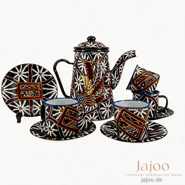 Harmony of Java tea set in Black & White – hand-painted batik enamelware