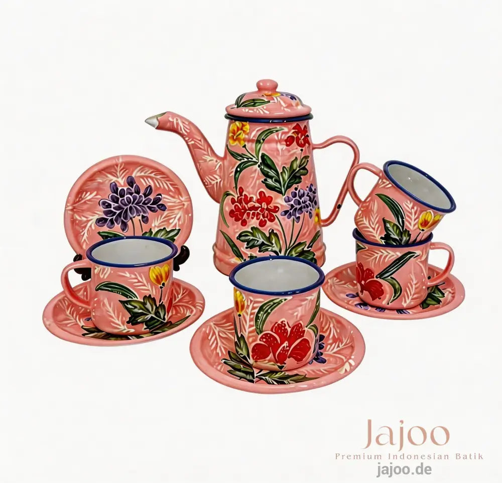 Harmony of Java tea set in Blush Pink – hand-painted batik enamelware