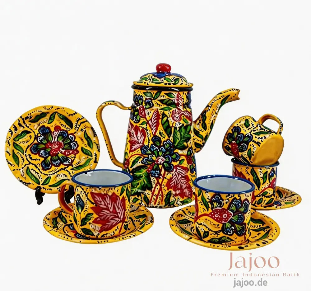 Harmony of Java tea set in Canary Yellow – hand-painted batik enamelware