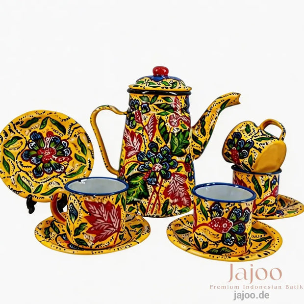 Harmony of Java tea set in Canary Yellow – hand-painted batik enamelware
