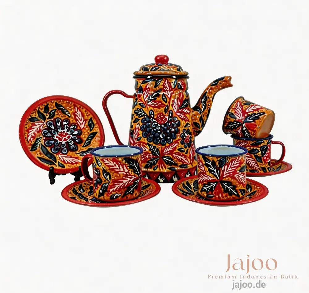 Harmony of Java tea set in Crimson Red – hand-painted batik enamelware