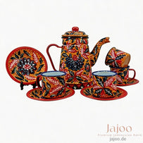 Harmony of Java tea set in Crimson Red – hand-painted batik enamelware