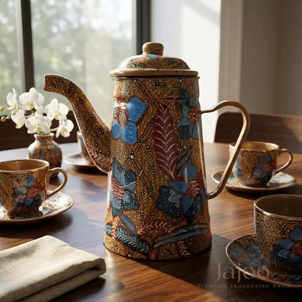 Small handmade batik enamel tea set on a wooden table