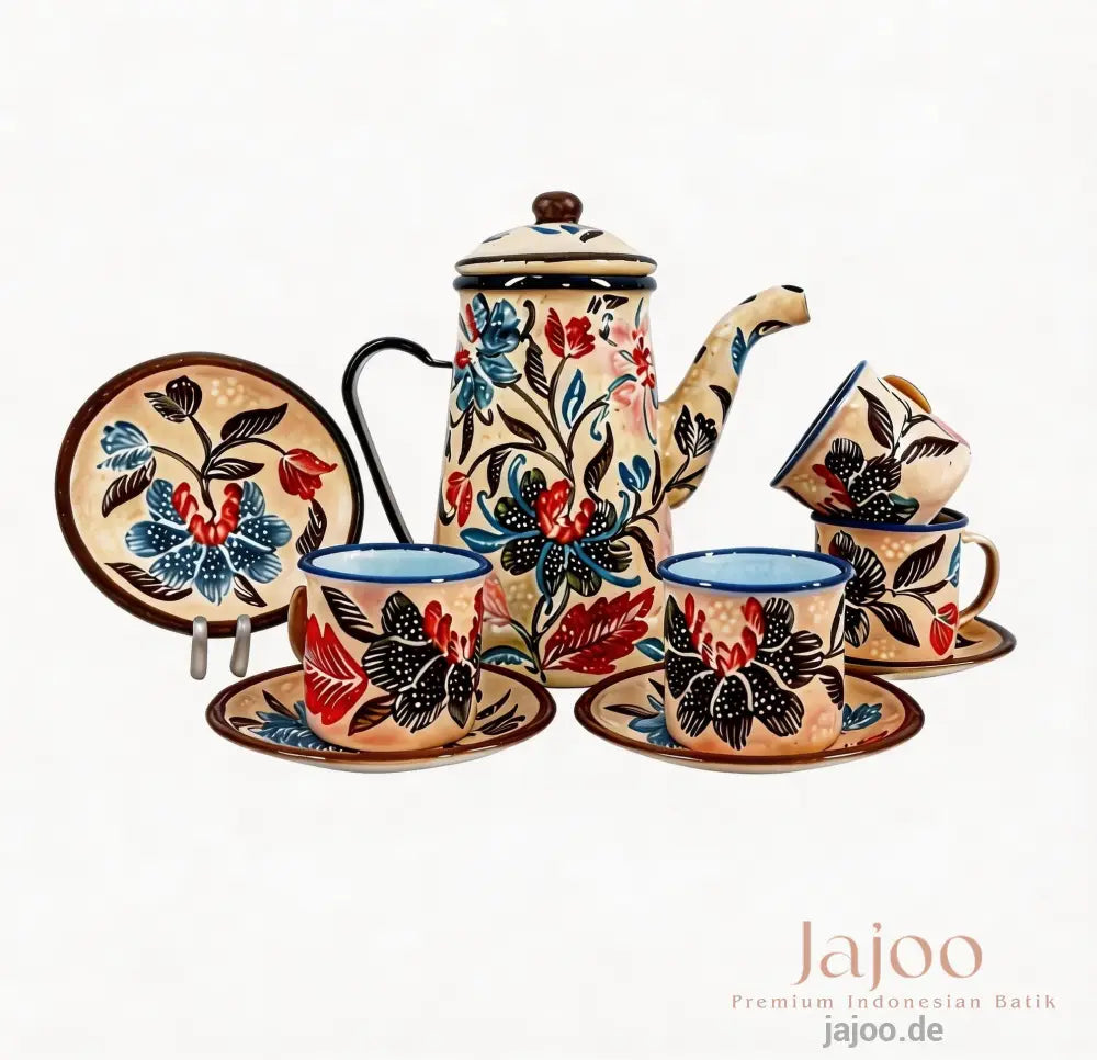 Harmony of Java tea set in Ivory Cream – hand-painted batik enamelware