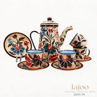 Harmony of Java tea set in Ivory Cream – hand-painted batik enamelware