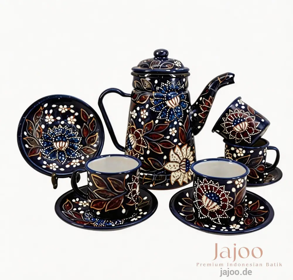 Harmony of Java tea set in Midnight Blue – hand-painted batik enamelware