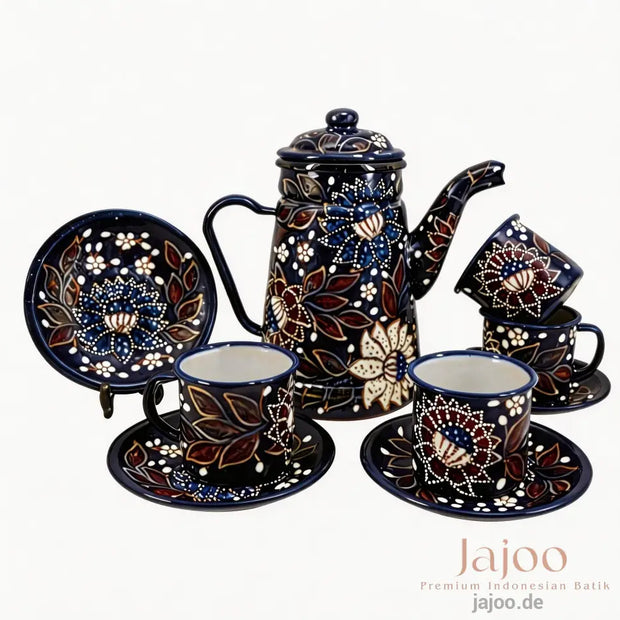 Harmony of Java tea set in Midnight Blue – hand-painted batik enamelware