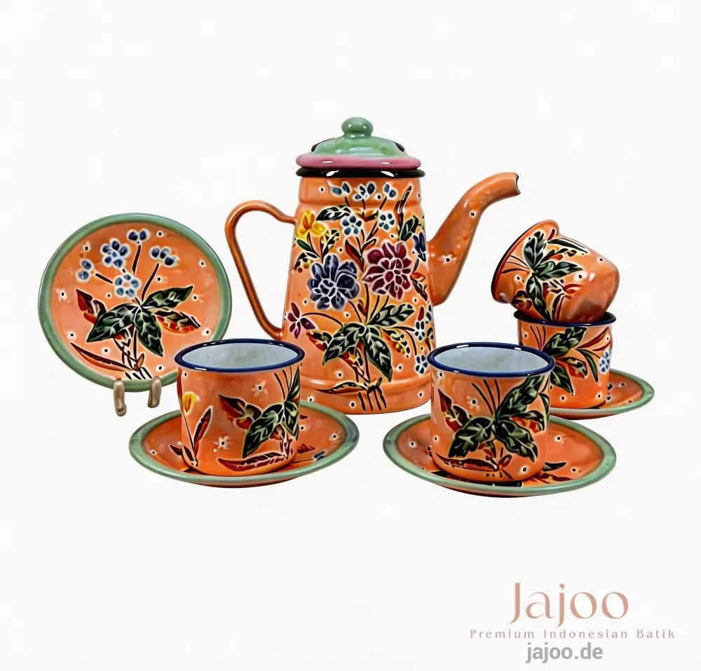 Harmony of Java tea set in Terracotta Orange – hand-painted batik enamelware