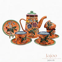 Harmony of Java tea set in Terracotta Orange – hand-painted batik enamelware