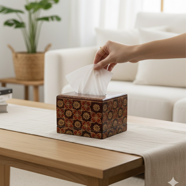 Square batik tissue box holding a standard tissue pack in a modern interior