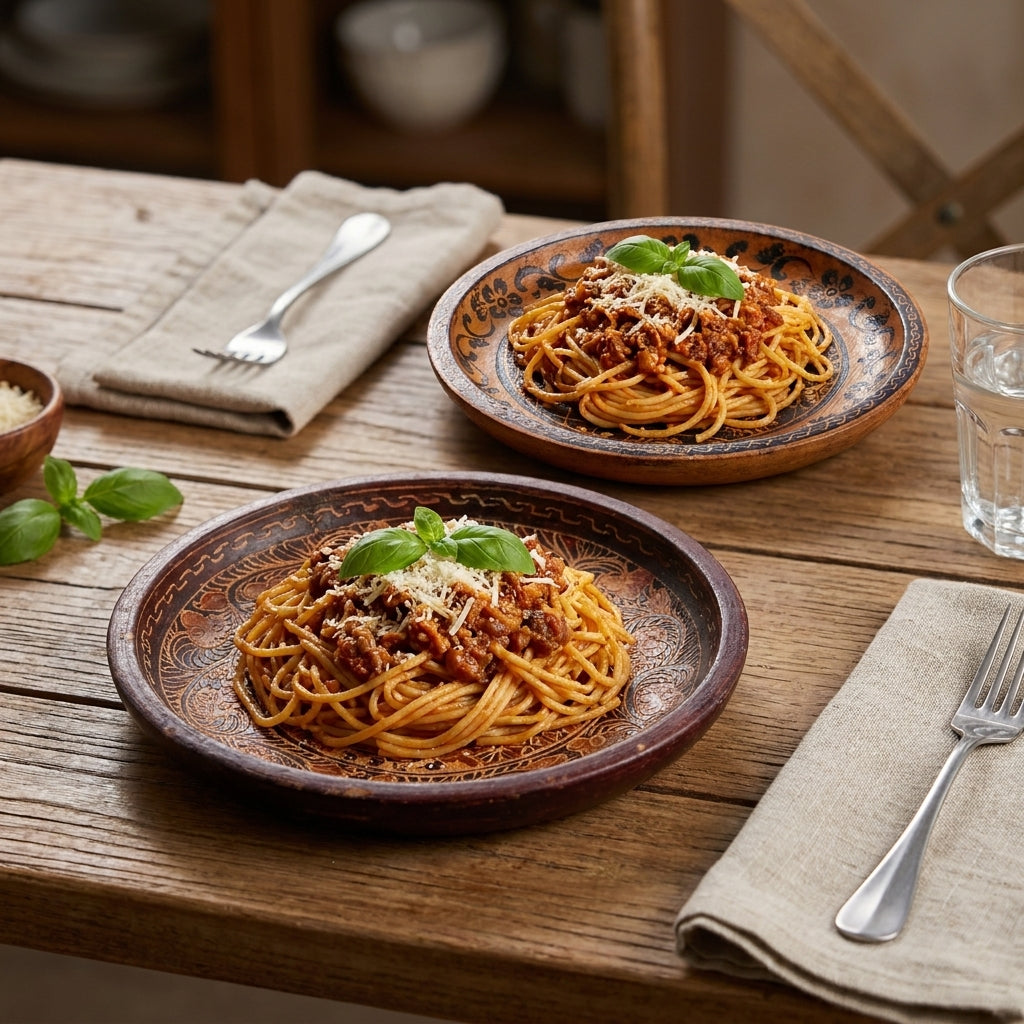 Cerita batik pattern plates set on a dining table with pasta