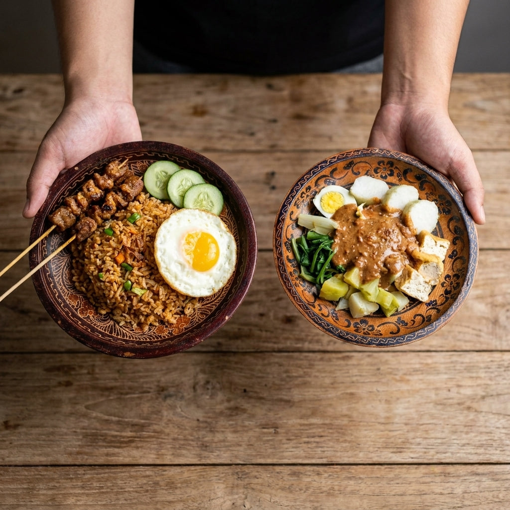 Meals served on Cerita batik pattern plates at a shared table