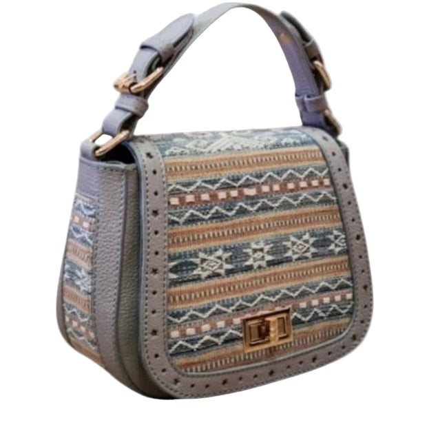 Lalita Crossbody Bag — handwoven songket and leather bag, front view