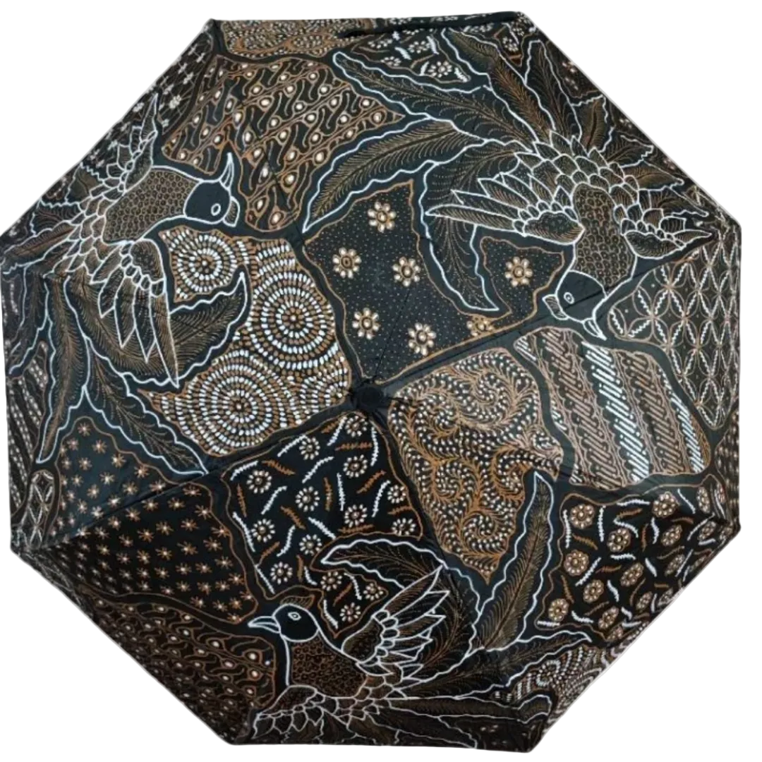 Handmade batik umbrella — Charcoal canopy with bird motifs, Yogyakarta, Indonesia