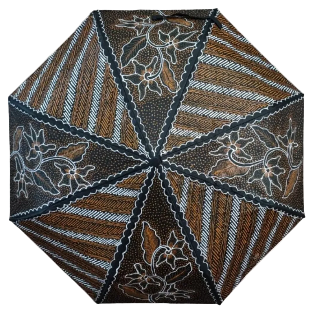 Handmade batik umbrella — Chestnut brown striped canopy with floral motifs, Yogyakarta, Indonesia