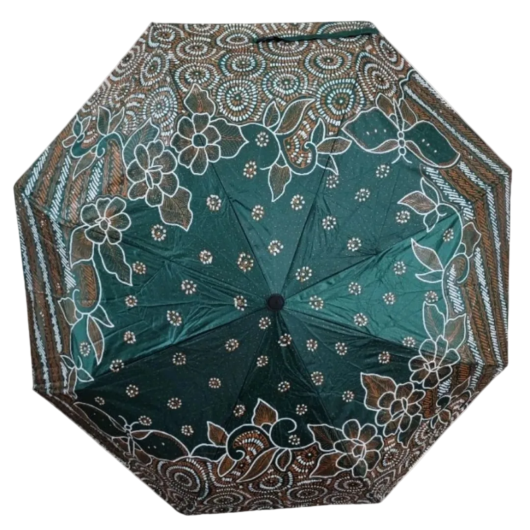 Handmade batik umbrella — Emerald green canopy with floral border, Yogyakarta, Indonesia