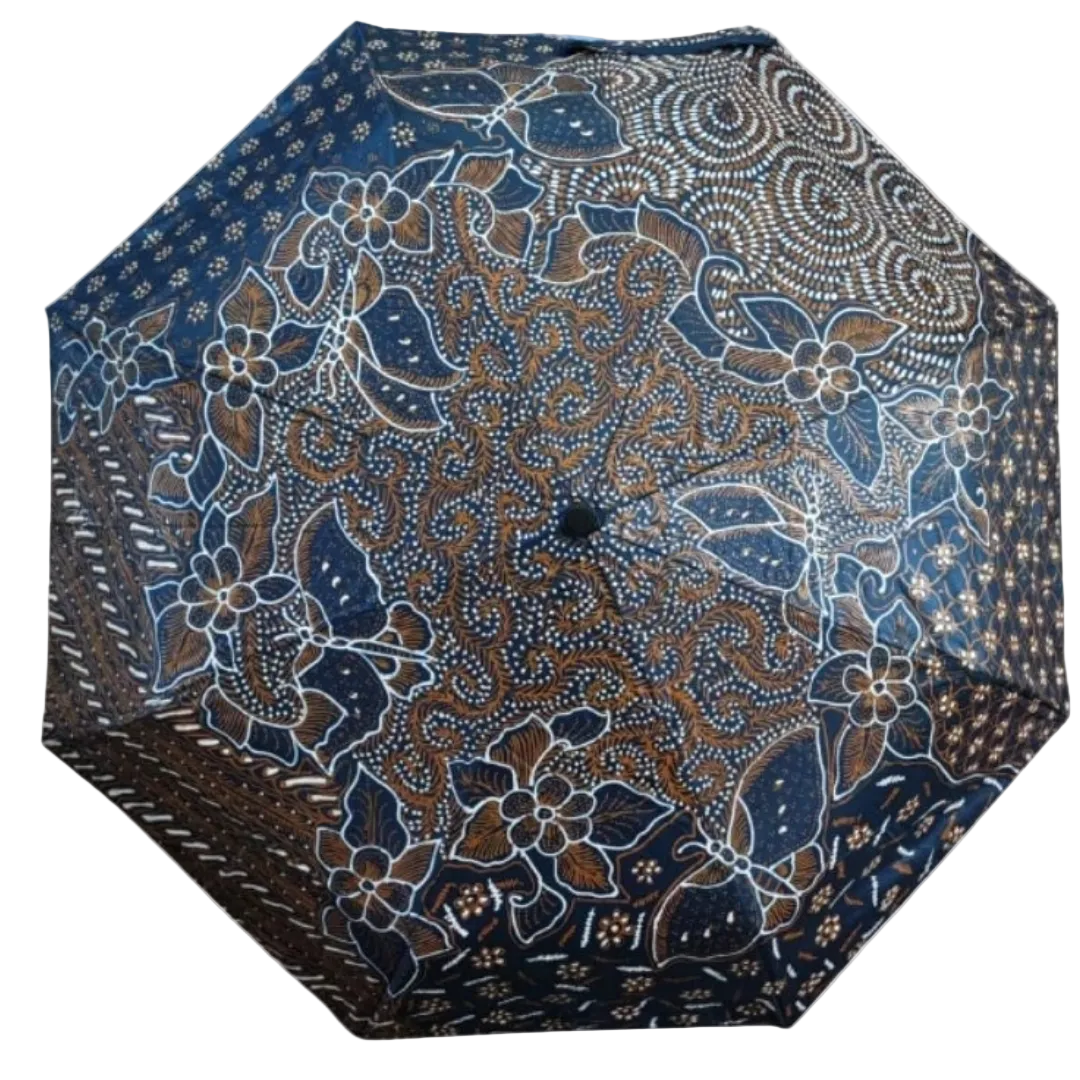 Handmade batik umbrella — Indigo blue floral canopy, Yogyakarta, Indonesia
