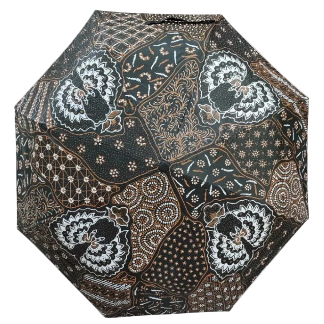 Handmade batik umbrella — Mocha brown patchwork canopy with fan motifs, Yogyakarta, Indonesia