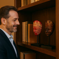 Panji mask on stand displayed as home decor on a shelf · KI-generierte Szene